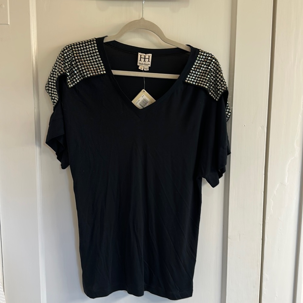 Haute Hippie Black V-Neck T-Shirt with rhinestone flap on the sleeves